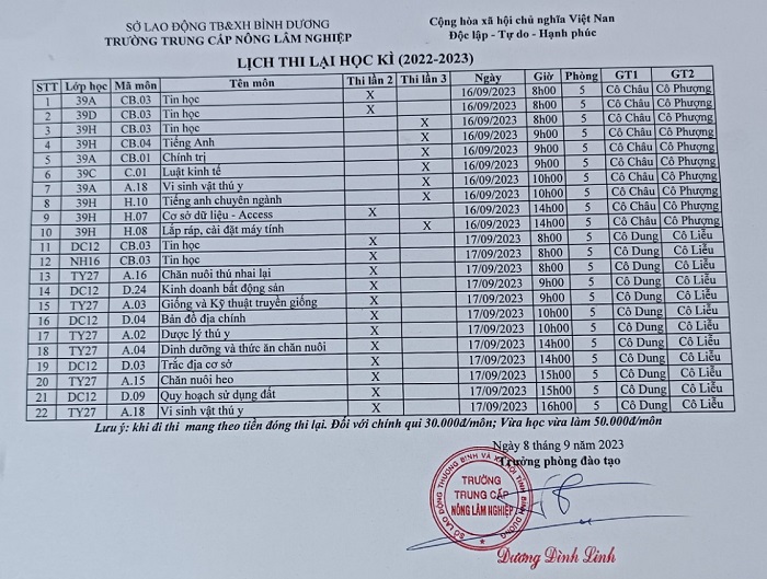 Lịch thi lại học kỳ năm học 2022-2023 (cập nhật)